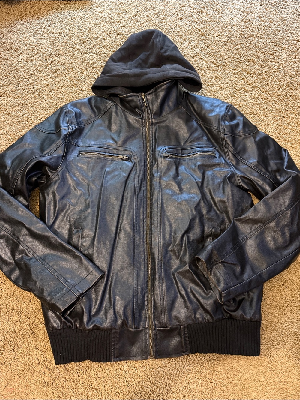 Guess Black Faux Leather Hooded Bomber Jacket